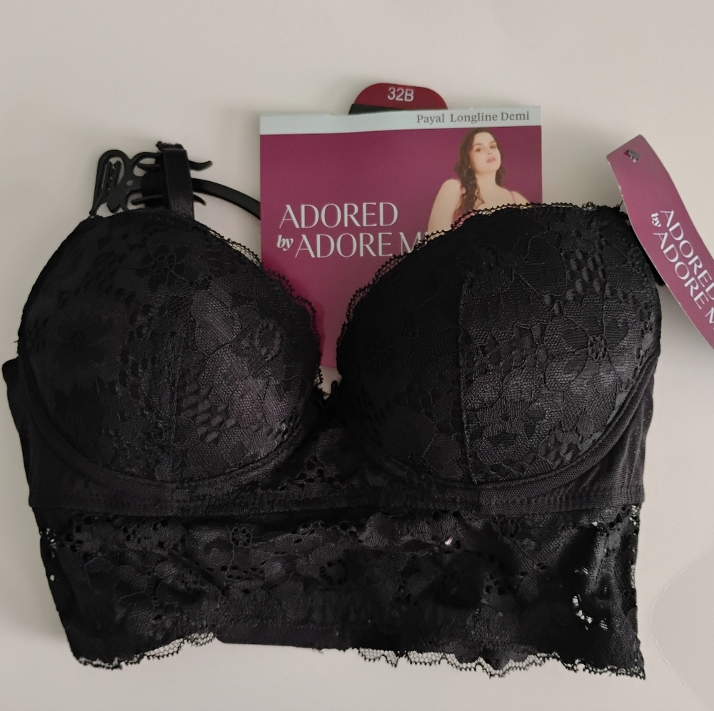 32B Adored by Adore Me Payal Longline Underwire Black Floral Lace Demi Cup Bra